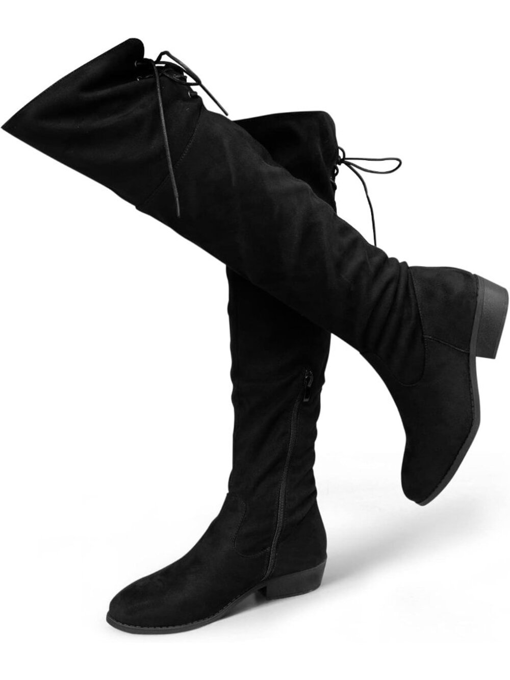 Women's Black Faux Suede Low Flat Heel Over The Knee Thigh High Fashion Boots